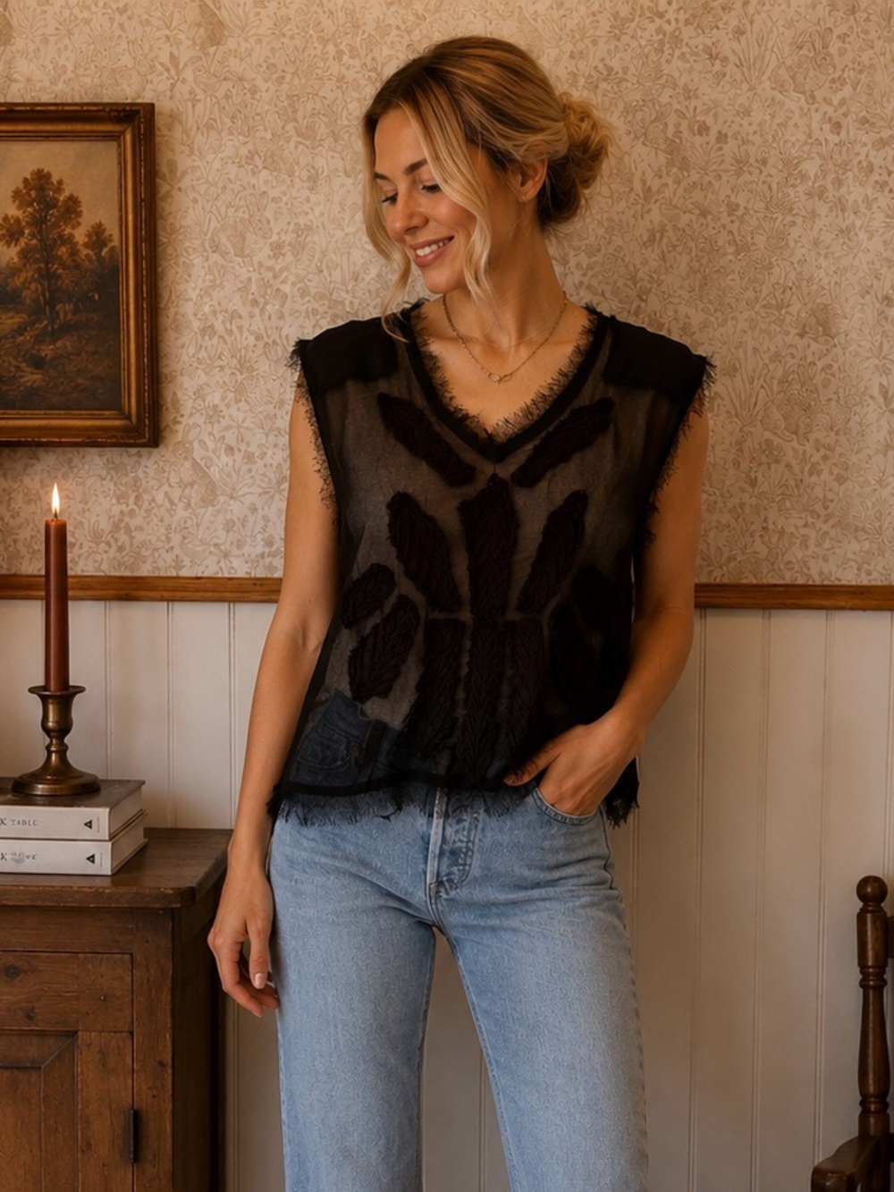 Free People Black Sheer Textured Appliqué Top – Approx. Size Small